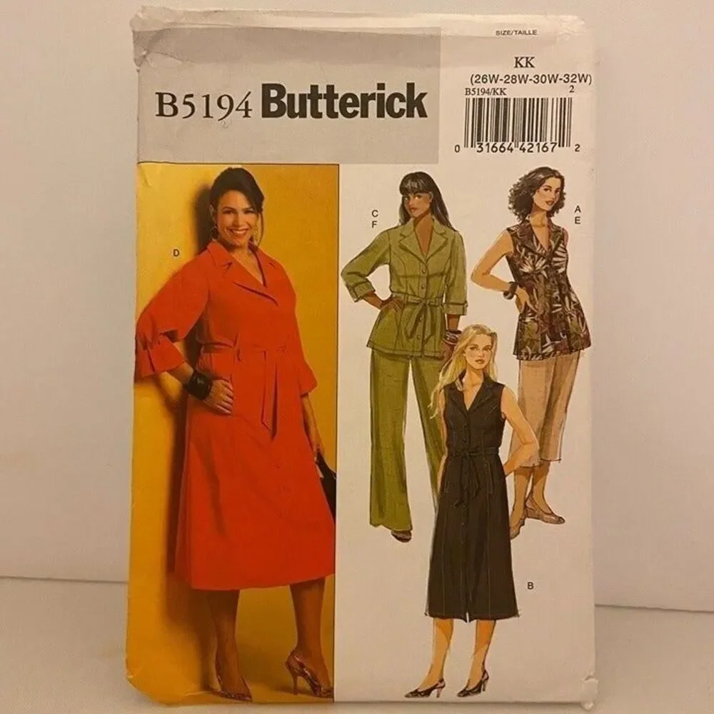 #B5194 Butterick Womens Top Dress Belt Shorts Pants Sewing Pattern Size 26W-32W